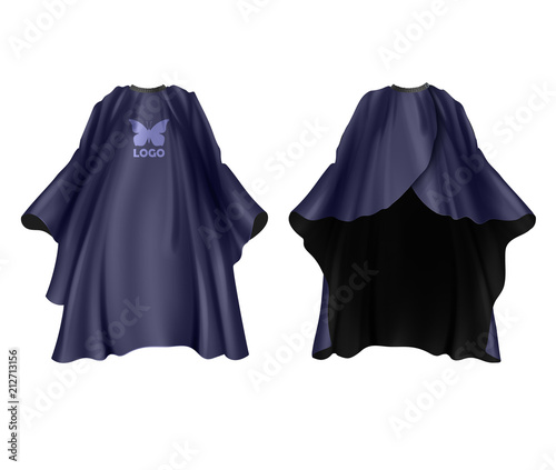 Vector realistic illustration dark blue hairdresser apron isolated on white front and back view. Professional equipment for hair cutting nylon protective cape to wear around neck in hairdressing salon