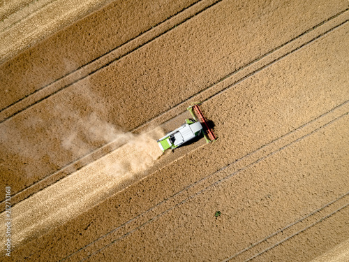 Getreidefeld mit Mähdrescher aus größerer Höhe, Luftbild
