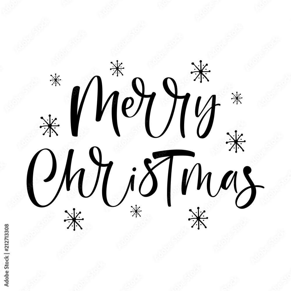 Merry Christmas text on white background with snowflakes.