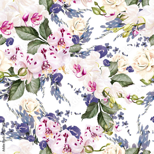 Beautiful watercolor seamless tropical jungle floral pattern background with ...