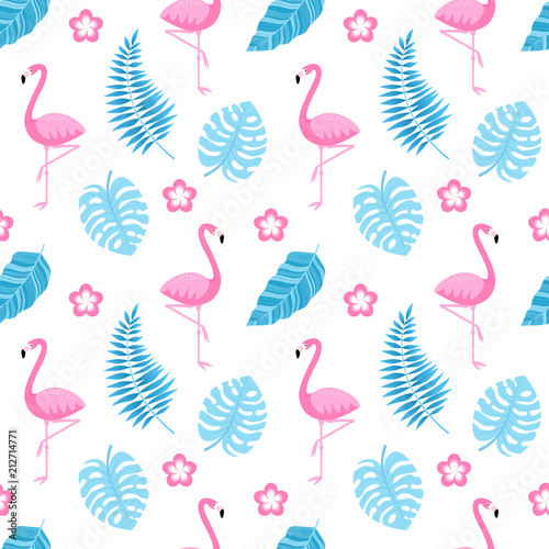 Tropical seamless pattern with flamingo, tropic flowers, monstera and banana leaves. Fashion design. Vector illustration.
