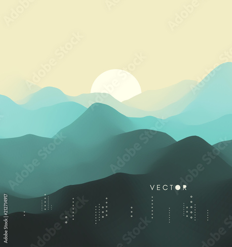 Landscape with mountains and sun. Sunset. Mountainous terrain. Abstract background. Vector illustration.