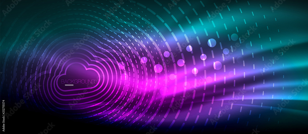 Neon glowing wave, magic energy and light motion background. Wallpaper template, hi-tech future concept Neon glowing wave, magic energy and light motion background. Wallpaper template, hi-tech future concept