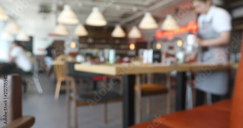 Blurred background of waiter staff and clientsin coffee shop or cafe restaurant with bokeh light