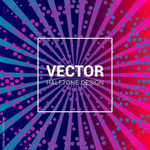 Vector colorful background with halftone pattern and rays in trendy colors.