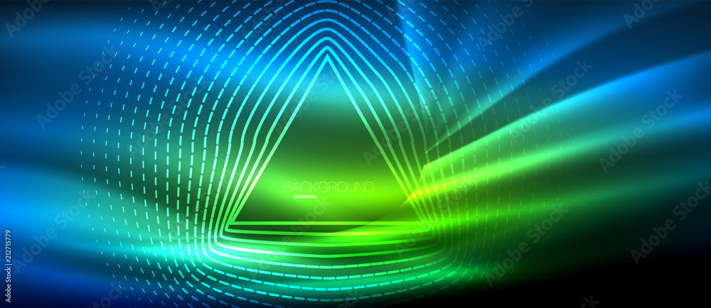 Neon glowing wave, magic energy and light motion background. Wallpaper template, hi-tech future concept