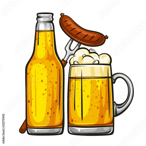 Vector colorful illustration of beer mug with sausage and glass bottle filled with light beer. Beer bottle and glass of beer with sausage, isolated on white background 1.1