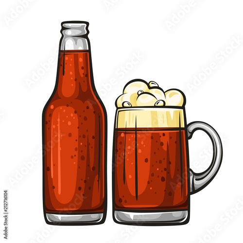 Vector colorful illustration of beer mug and glass bottle filled with dark beer. Beer bottle and glass of beer, isolated on white background 1.1