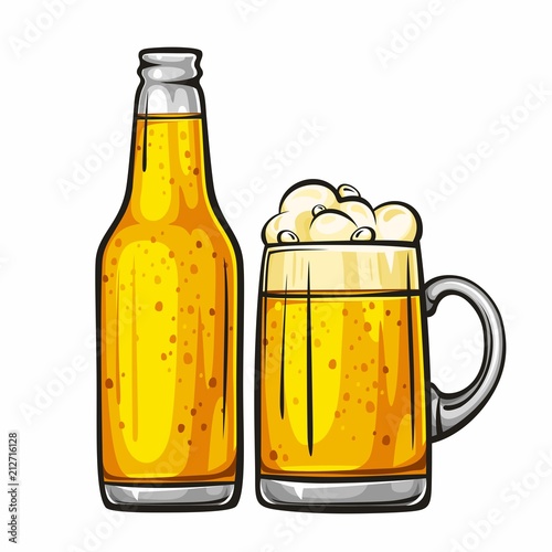 Vector colorful illustration of beer mug and glass bottle filled with light beer. Beer bottle and glass of beer, isolated on white background 1.1