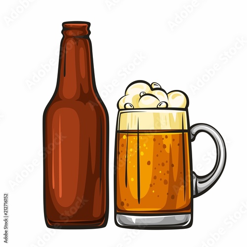 Vector colorful illustration of beer mug and glass brown bottle. Beer bottle and glass of light beer, isolated on white background 1.1