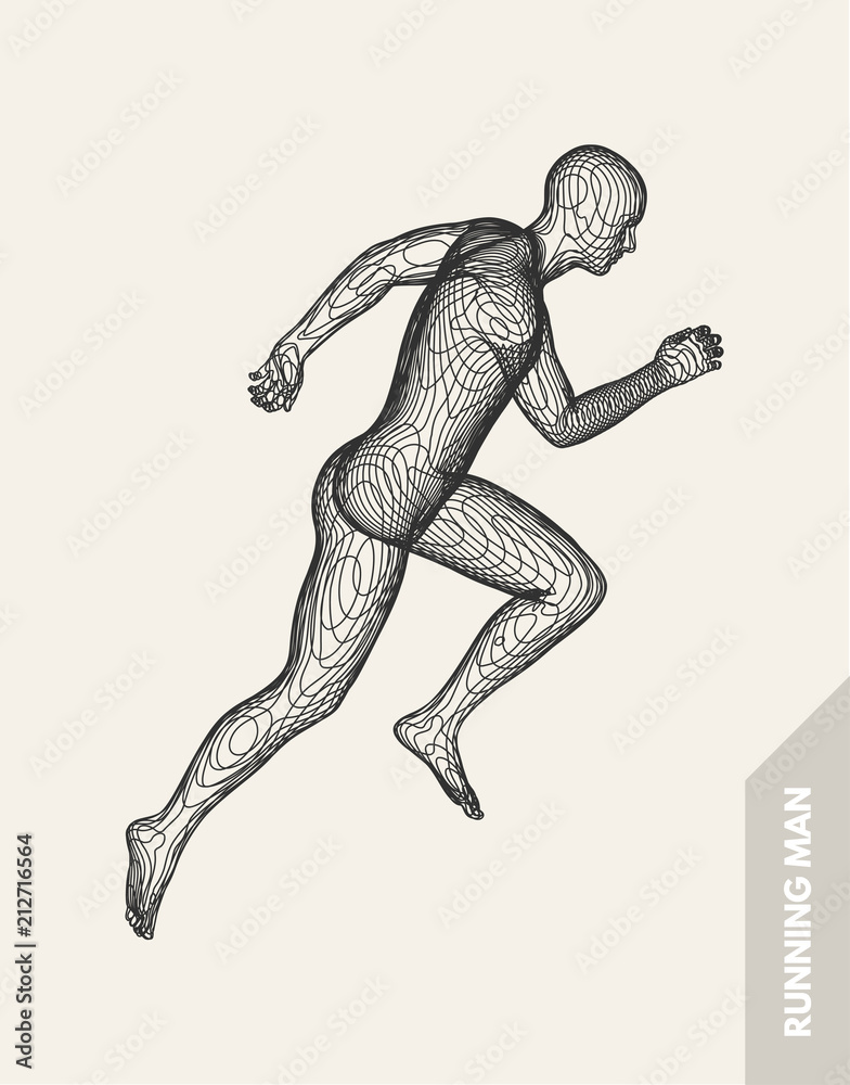 3d running man. Design for sport, business, science and technology. Vector illustration. Human body.