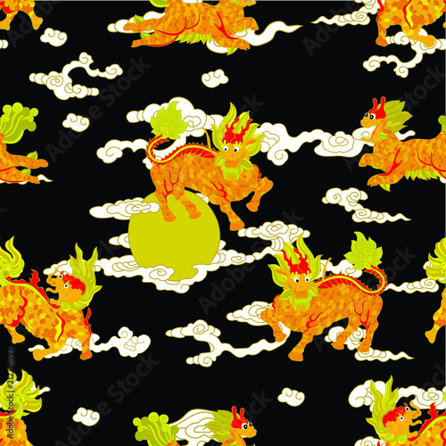 The kirins are the popular mascot, Chinese unicorns and mythical Chinese animals. They are commonly mistranslated as giraffes. These animals are blessings for children growing happily and healthily.