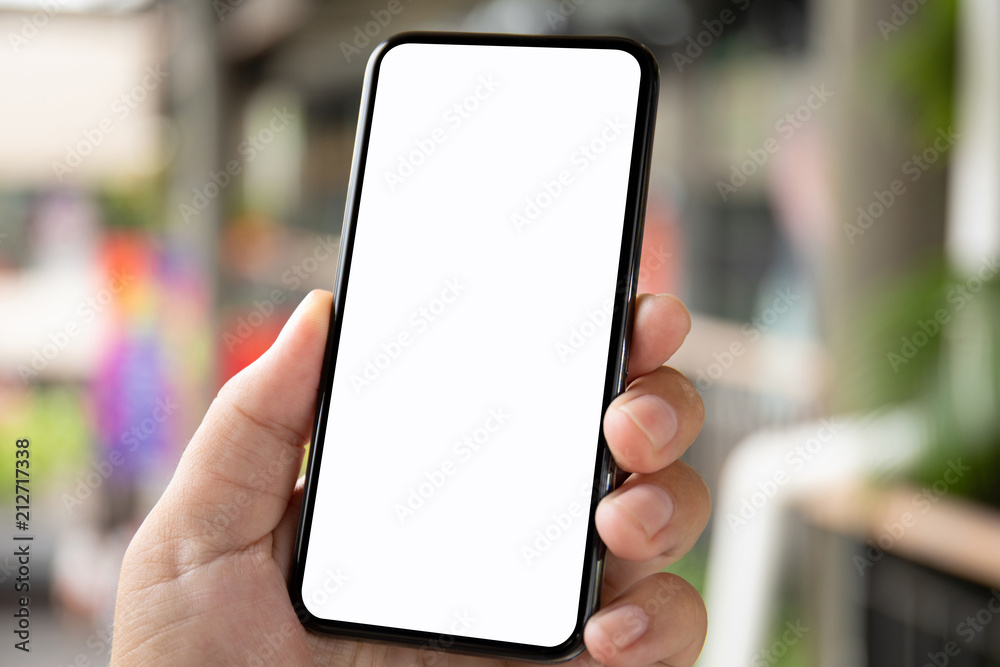 man hand holding phone with isolated screen on background city man hand holding phone with isolated screen on background city