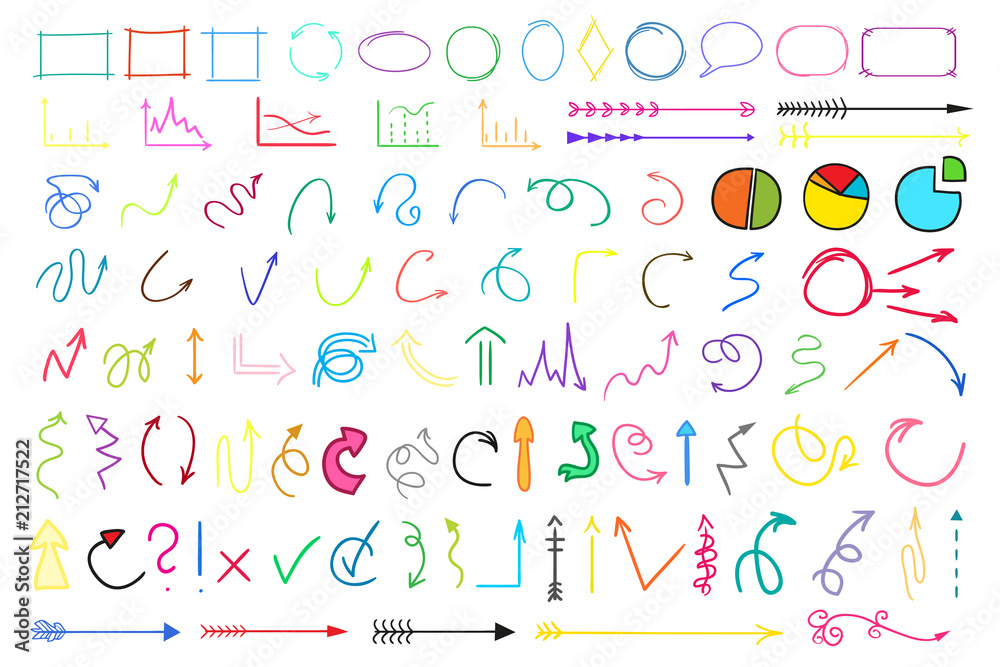 Colored infographic elements on white background. Hand drawn simple arrows. Line art. Set of different pointers. Abstract indicators. Doodles for work. Art creation Colored infographic elements on white background. Hand drawn simple arrows. Line art. Set of different pointers. Abstract indicators. Doodles for work. Art creation