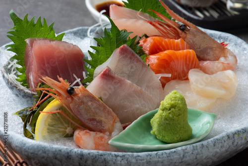japanese foods sashimi (raw sliced fish, shellfish or crustaceans)