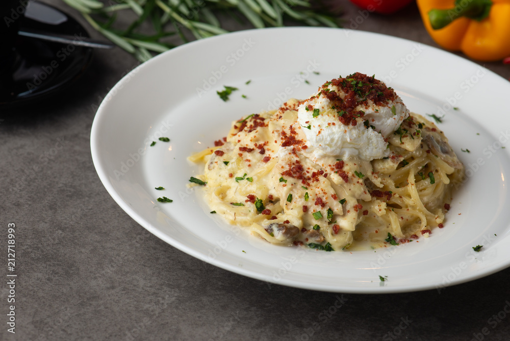 Pasta carbonara and poach egg and chicken Pasta carbonara and poach egg and chicken