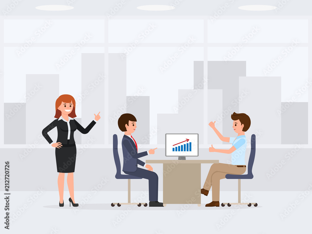 Fototapeta premium Three happy office workers meeting cartoon character. Vector illustration of financial