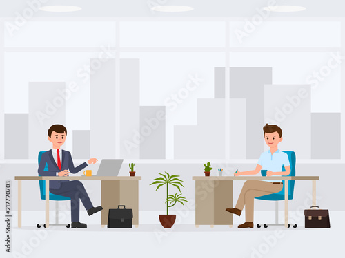 Two office workers at the desks cartoon character. Vector illustration of busy coworkers © Cherstva