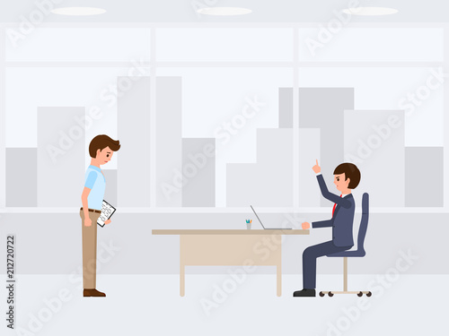 Unhappy worker with wrong report and angry boss cartoon character. Vector illustration of emotional working day