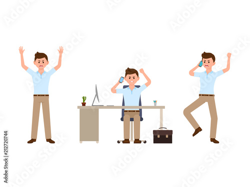 Angry office man talking on phone cartoon character. Vector illustration of shouting director