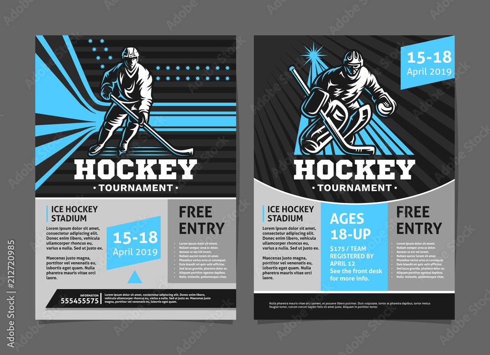 Hockey tournament posters, flyer with hockey player and goalie
