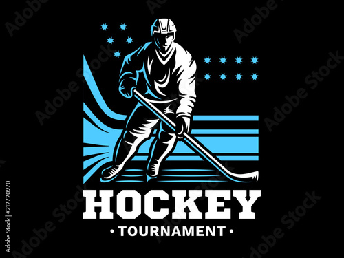 Ice hockey player at the stadium - emblem design, illustration on a black background