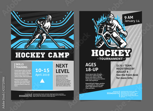 Hockey tournament and camp posters, flyer with hockey player and goalie - template vector design