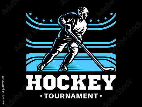 Ice hockey player at the stadium - emblem design, illustration on a black background