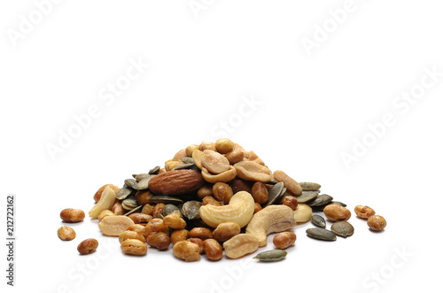 Healthy food mix of peanuts  seeds   almonds  roasted soybeans and cashews isolated on white background