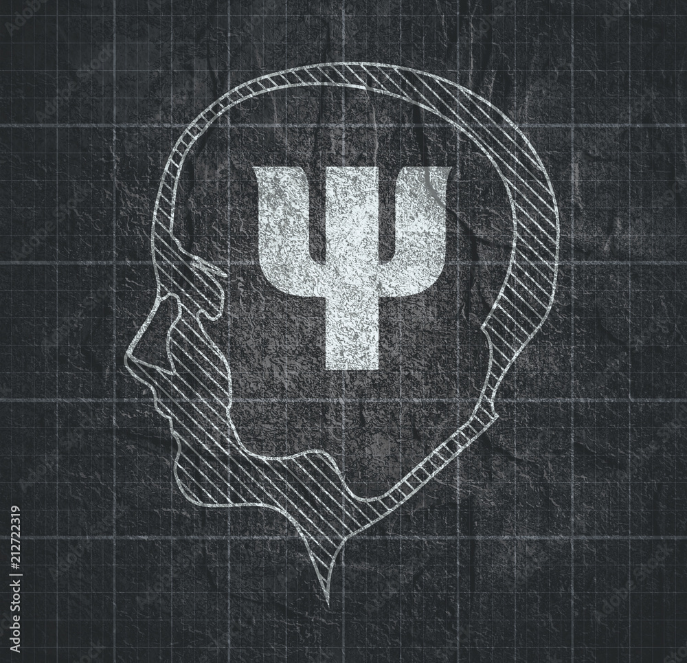 Fototapeta Silhouette of a human head. Mental health relative brochure, report design template. Scientific medical designs. Psi symbol in the head. Mechanical engineering drawing background.