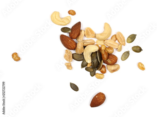Healthy food mix of peanuts, seeds, almonds, roasted soybeans and cashews isolated on white background, top view
