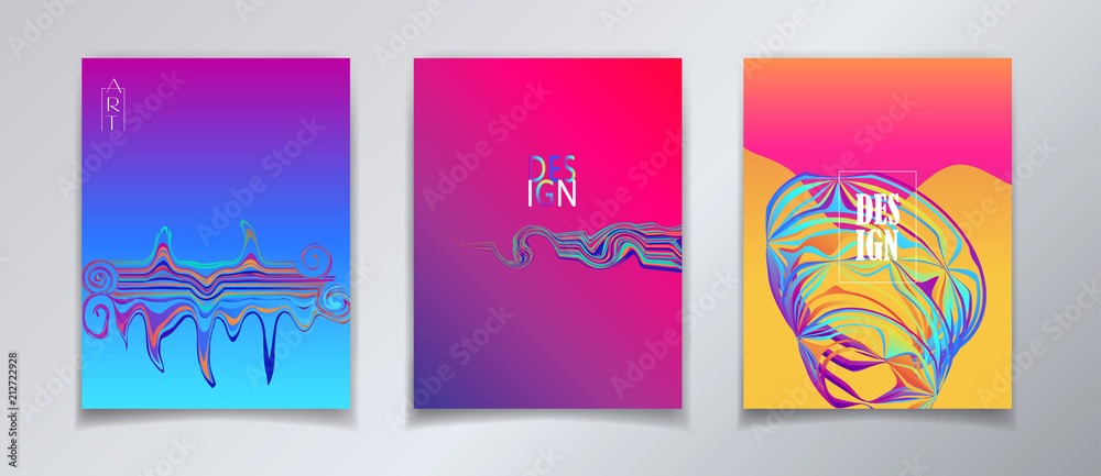 Fluid vibrant gradient color abstract Brochure covers set. Colorful dynamic floating bubbles shapes, hipster style. Trendy minimal futuristic design. Concept Business, Festival 3d Surreal Pop Art 