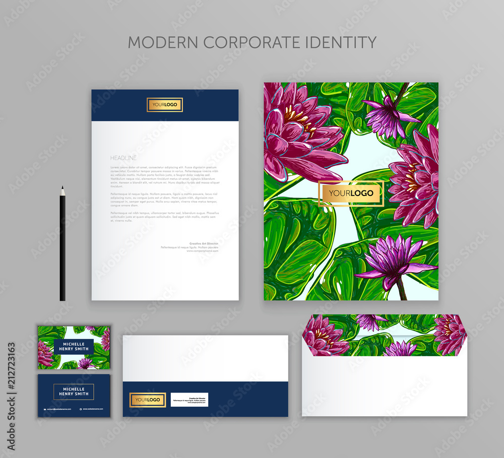 Naklejka premium Corporate identity business set with water lily. Modern stationery template design. Documentation for business.