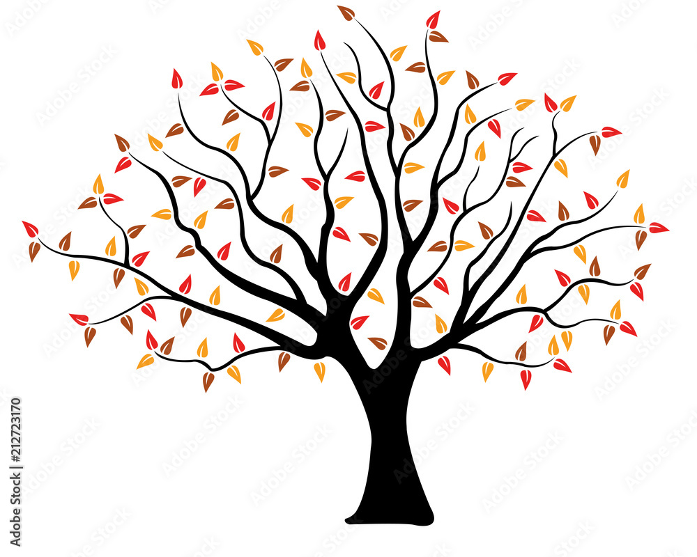 Illustration of a tree with brown, yellow and red leaves isolated on white Illustration of a tree with brown, yellow and red leaves isolated on white