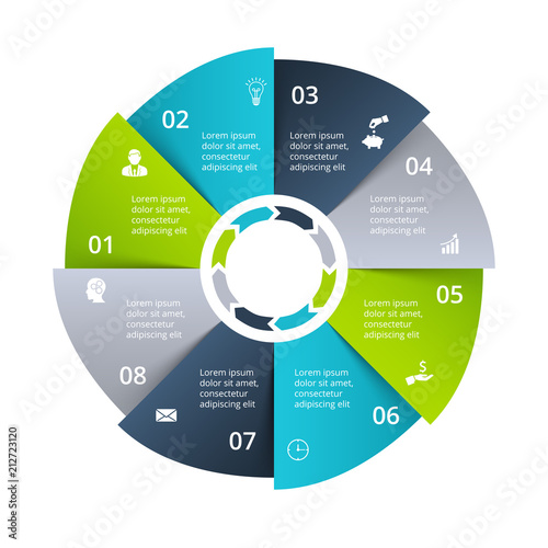 Circle diagram divided into 8 parts, steps or options. Vector origami infographic design template. Illustration for project steps visualization. Business presentation.