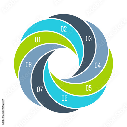 Twisted diagram divided into 8 parts, steps or options. Vector flat infographic design template. Illustration for project steps visualization. Business presentation.