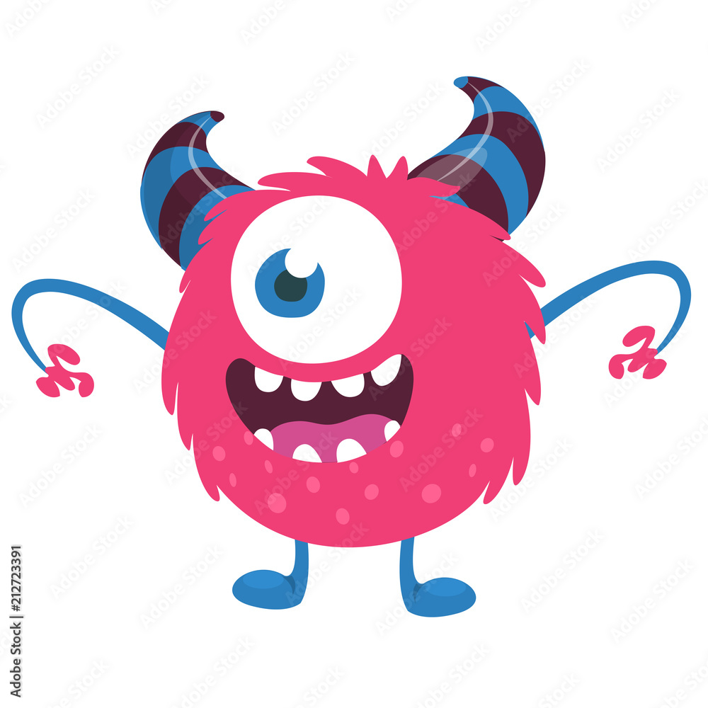 Scary cartoon one eyed monster. Vector Halloween pink monster