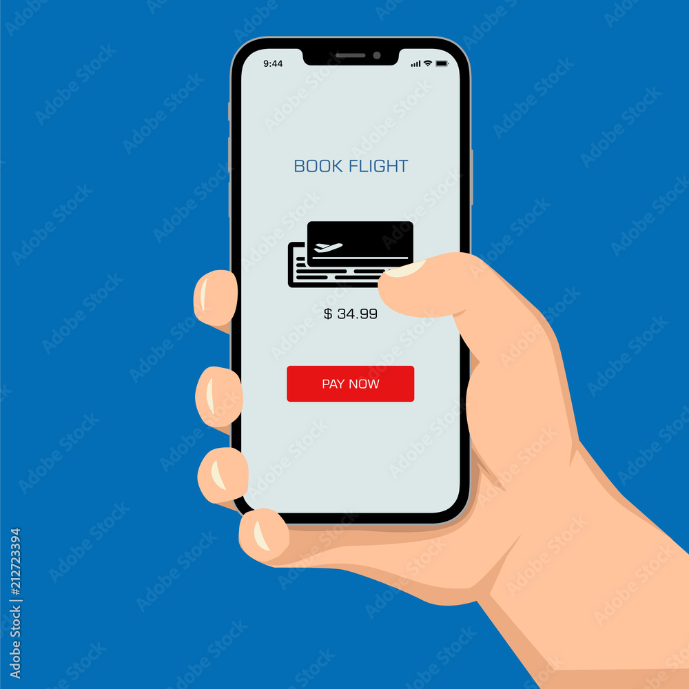 Brutal human hand holding smartphone with ticket application ui flat style illustration Brutal human hand holding smartphone with ticket application ui flat style illustration