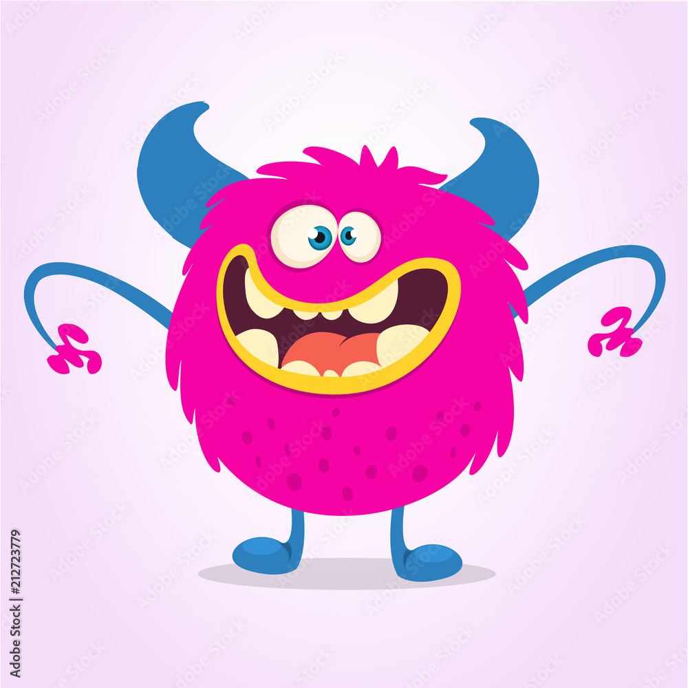 Happy cartoon monster troll. Vector Halloween pink monster character illustration