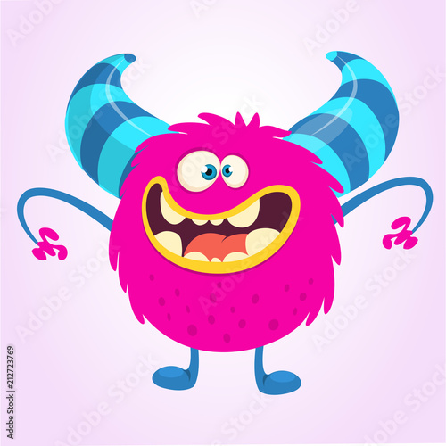Happy cartoon monster troll. Vector Halloween pink monster character illustration