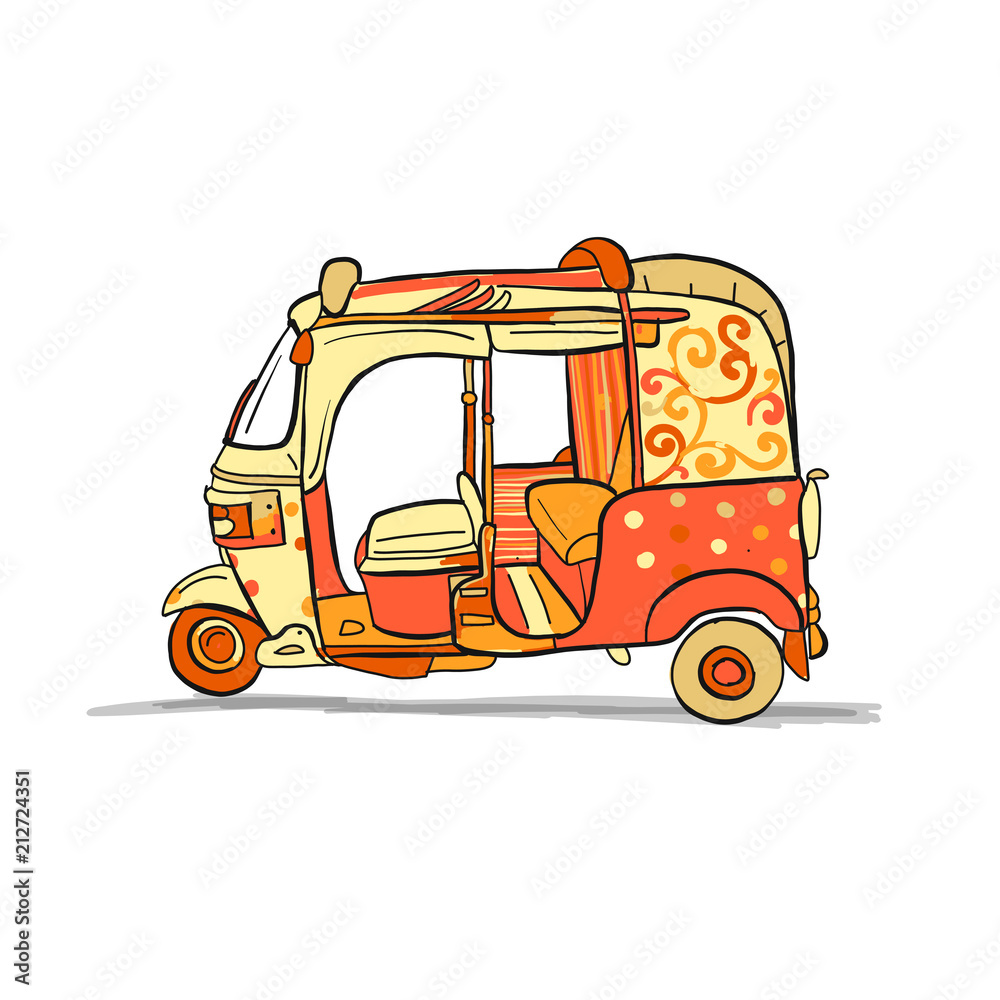 Obraz premium Tuktuk, motorbike asian taxi. Sketch for your design