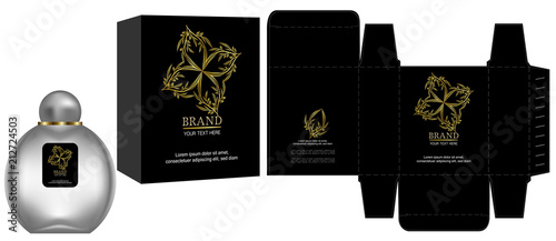 Packaging design, Label on cosmetic container with black and gold luxury box template and mockup box. illustration vector.	