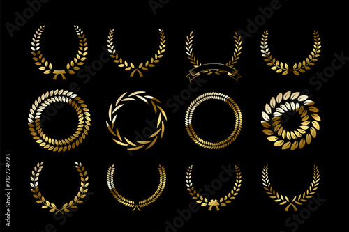 Set of golden laurel wreaths isolated on black background. Vector design elements.