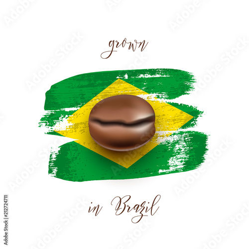 Realistic coffee bean on flag of Brazil made of brush strokes. Vector design element.
