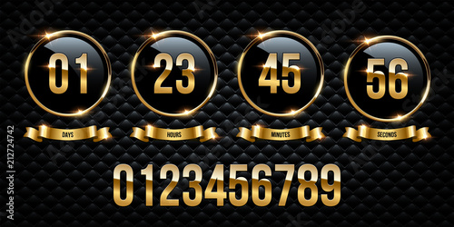 Vector luxury counter. Golden numbers inside golden rings and ribbons on black background.