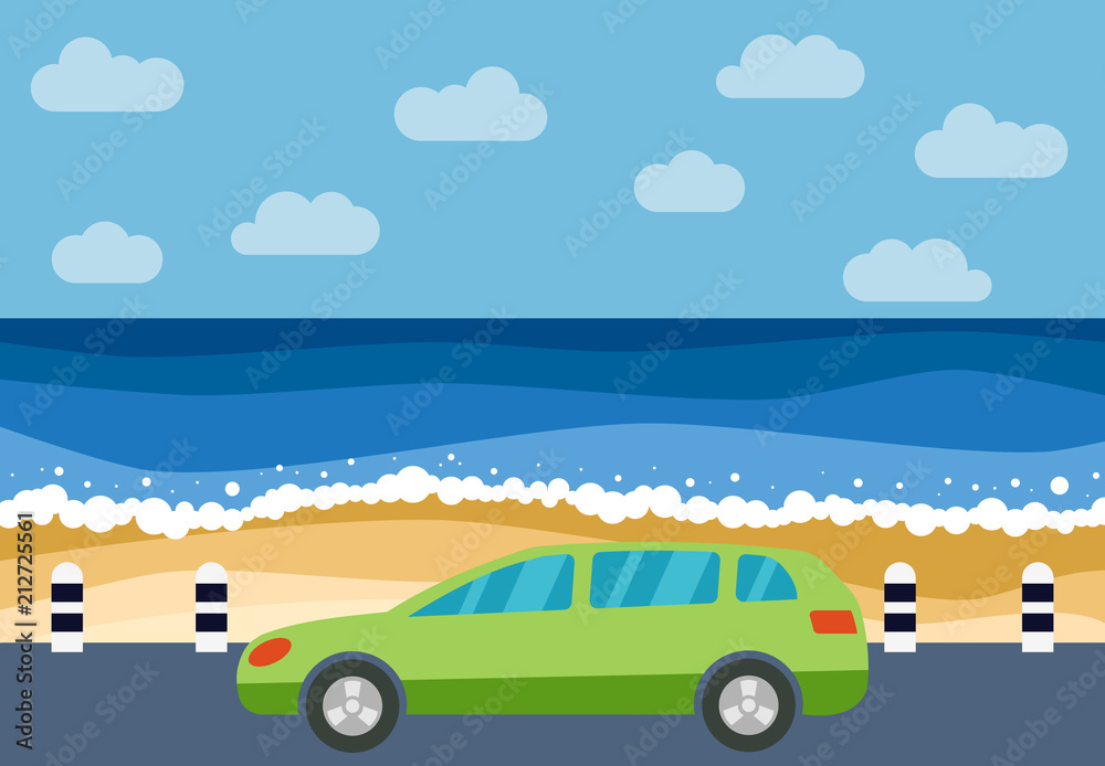Green car on the road against the backdrop of the sea. Vector illustration.
Green car on the road against the backdrop of the sea. Vector illustration.