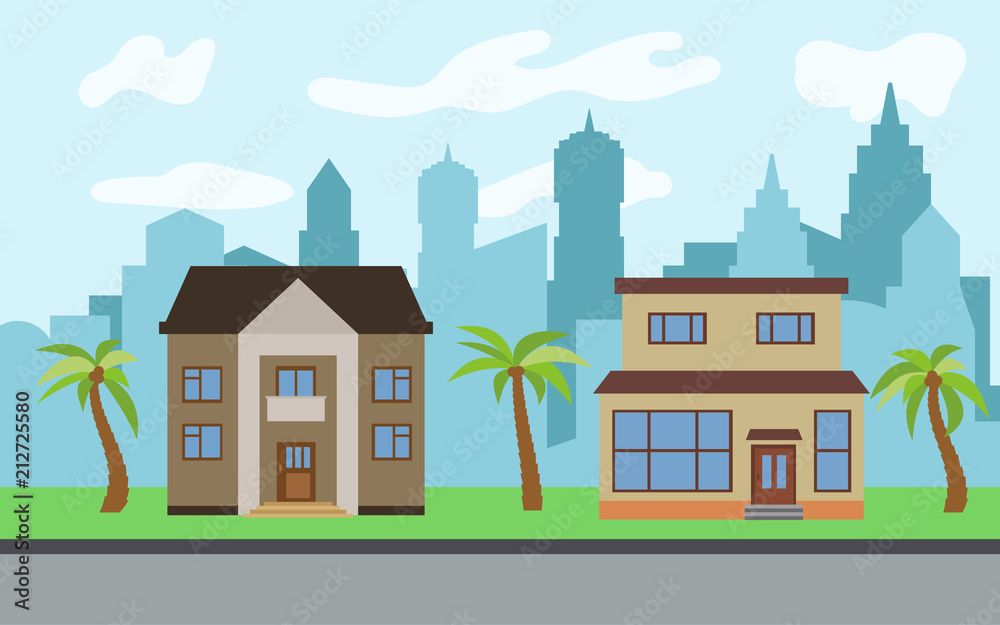 Vector city with two two-story cartoon houses and palm trees in the sunny day. Summer urban landscape. Street view with cityscape on a background
