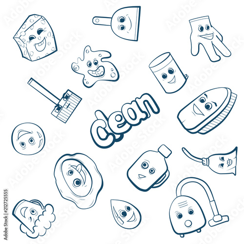 Cartoon items for clean up. Parlourmaid work set vector illustration.