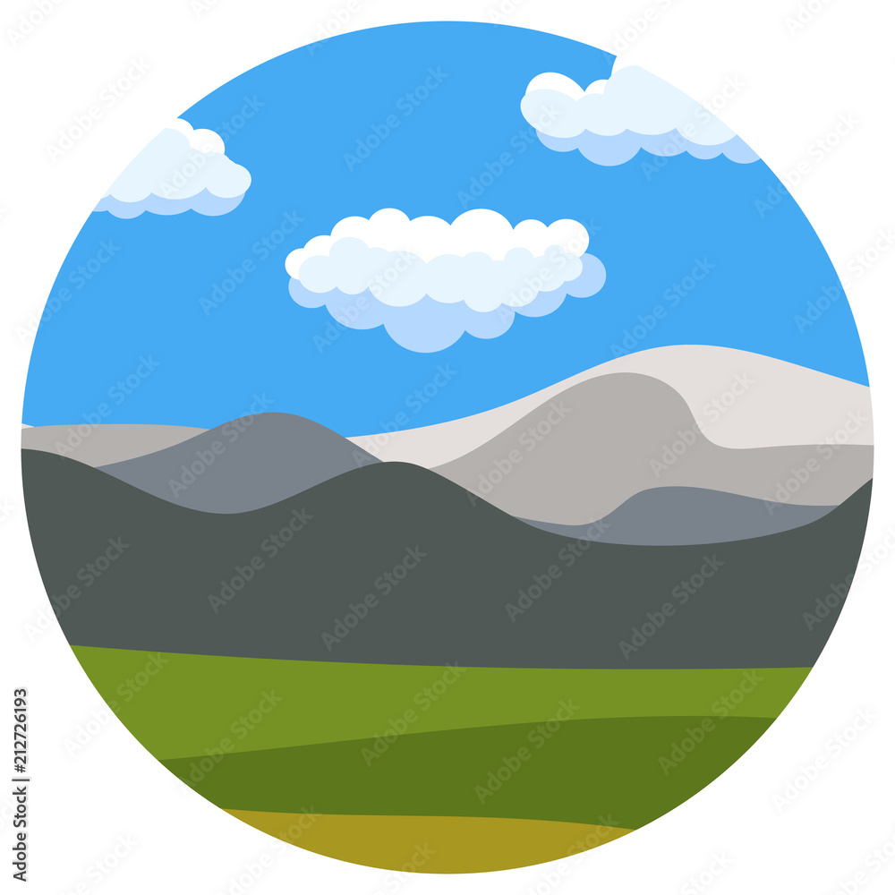Natural cartoon landscape in circle. Vector illustration in the flat style with blue sky, clouds, hills and mountains.
