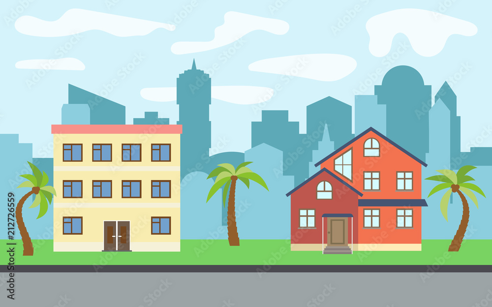 Vector city with two-story and three-story cartoon houses and palm trees in the sunny day. Summer urban landscape. Street view with cityscape on a background
